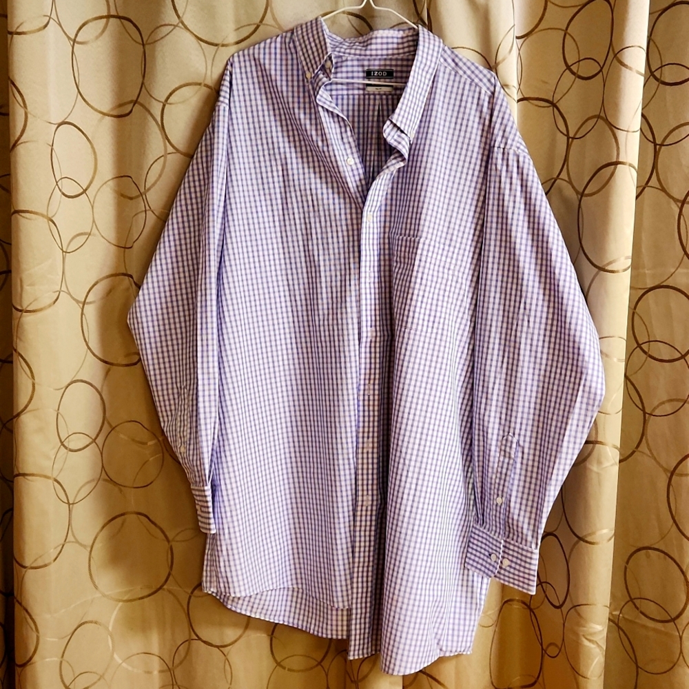 IZOD, All-over Stretch, Long Sleeve Dress, Neck 19", 35/36 Purple, Blue, White